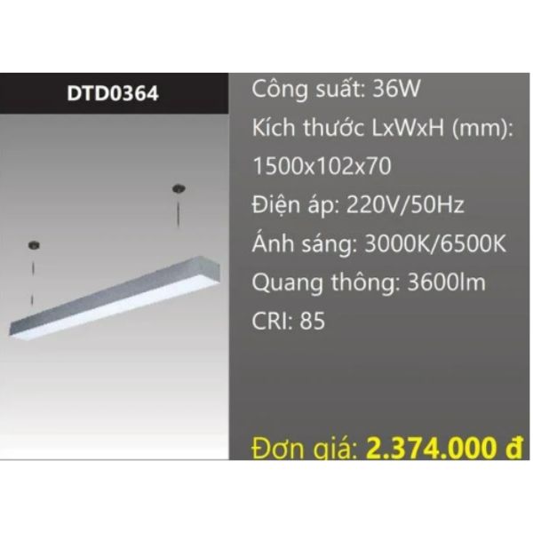 ĐÈN TREO THẢ VĂN PHÒNG - PHÒNG HỌP 1,5M (1M5) LED 36W DTD0364
